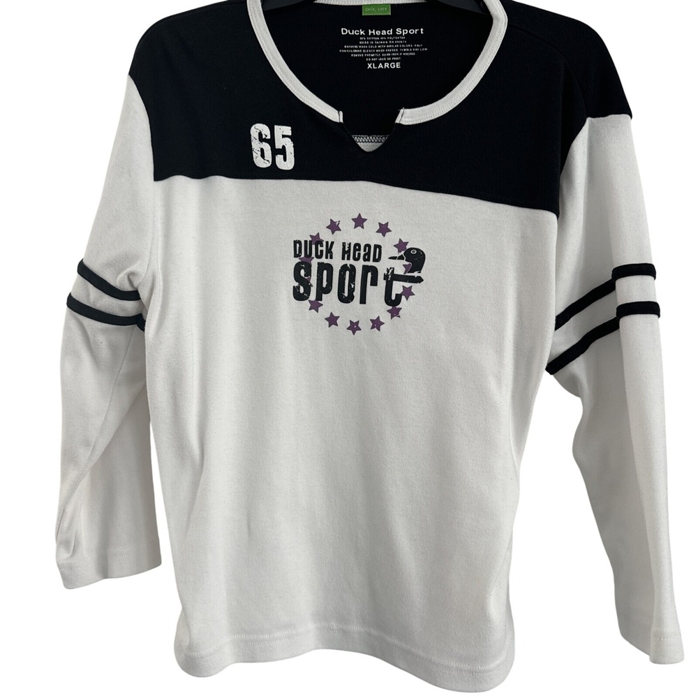 Duck‎ Head Sport Top Women XL White Black Long Sleeve Ribbed Graphic 65 Logo